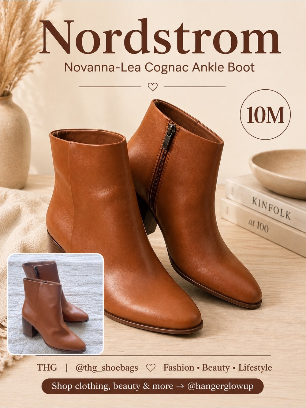 Retail:$110 Nordstrom Novanna-Lea Cognac Leather Block Heel Ankle Boots 10M
